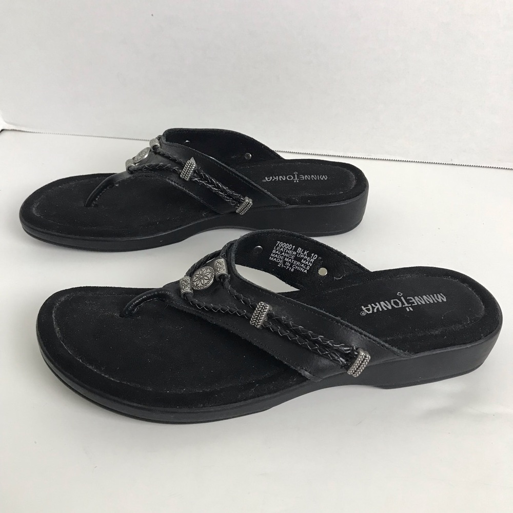 Minnetonka Black Leather Braided Thong Sandals Womens Size 10 Southwestern Boho - Picture 5 of 11